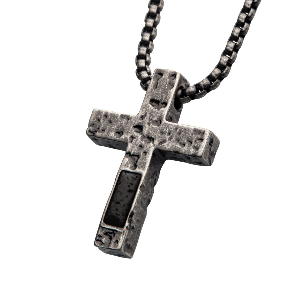 Stainless Steel Silver IP Cross Pendant with Lava Stone Pendant 24"