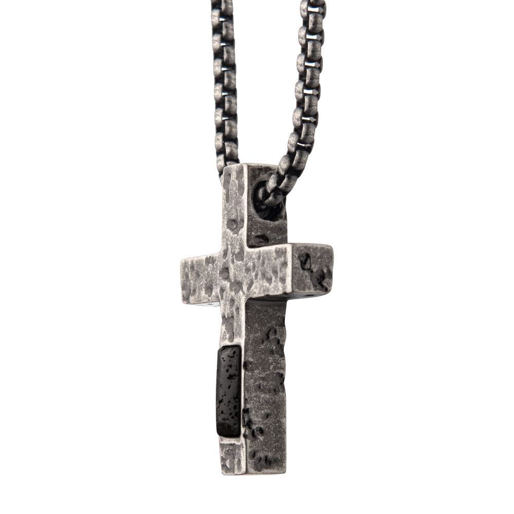 Stainless Steel Silver IP Cross Pendant with Lava Stone Pendant 24"
