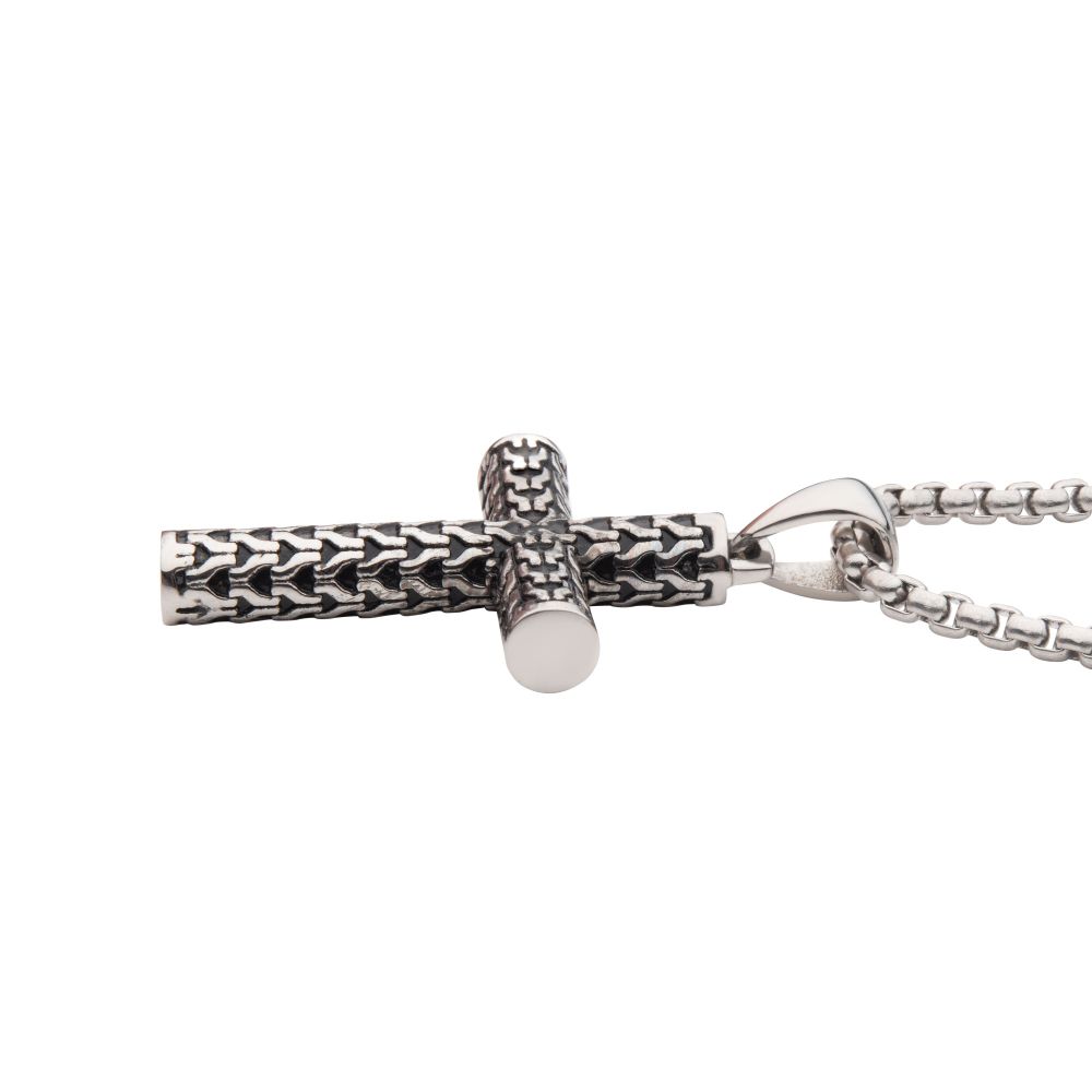 Steel Scale Cross Drop Pendant with Bold Box Chain
