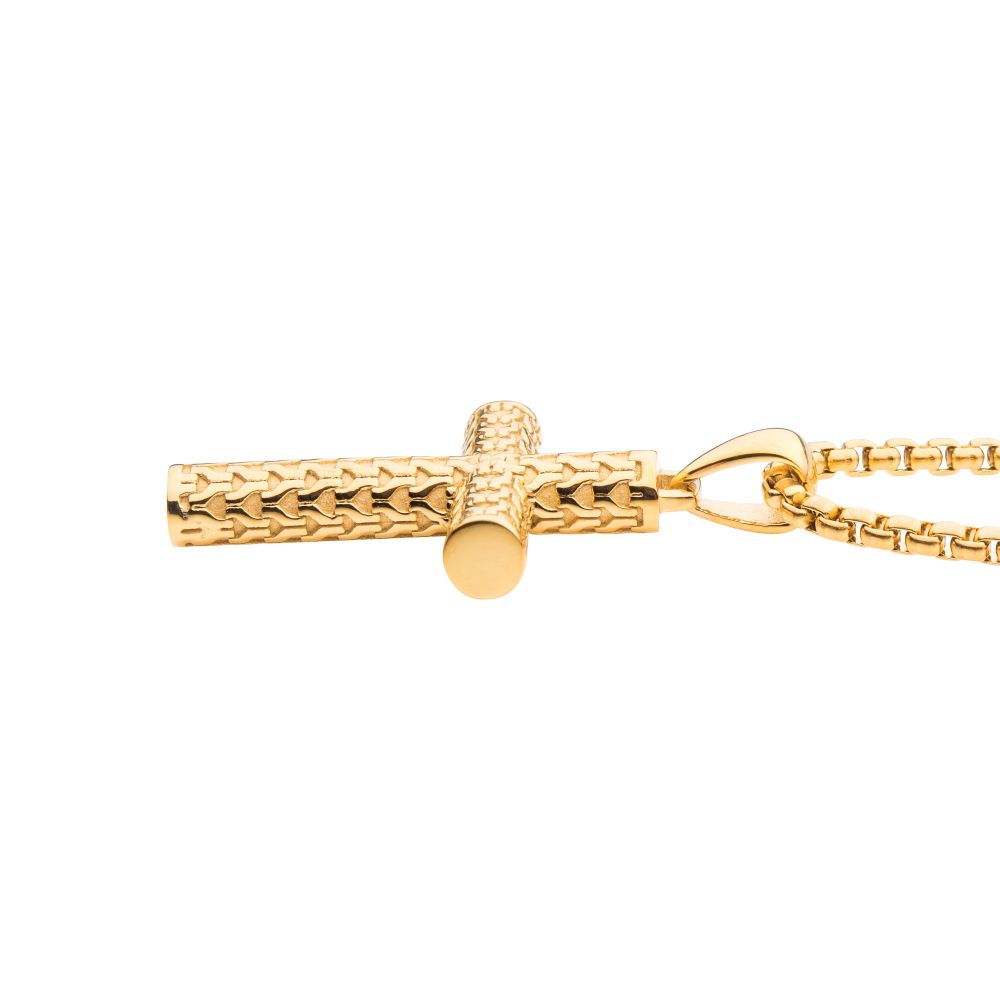 Polished 18Kt Gold IP Scale Cross Drop Pendant with Bold Box Chain