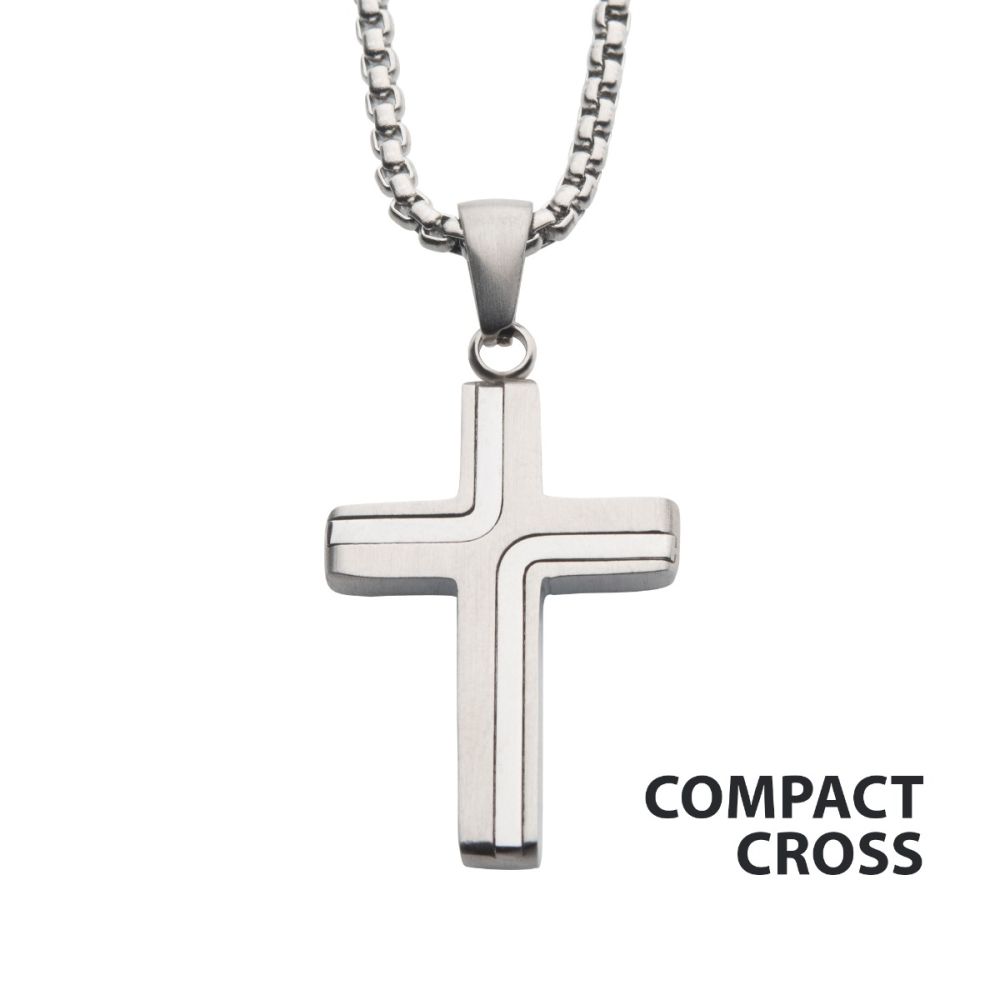 Steel Cross Drop Pendant with Round Box Chain 22"