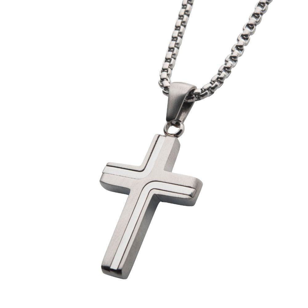 Steel Cross Drop Pendant with Round Box Chain 22"