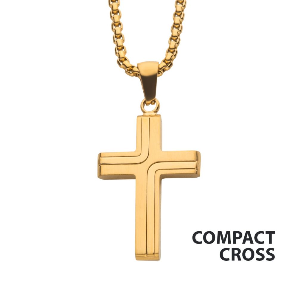 18Kt Gold IP Cross Drop Pendant with Round Box Chain