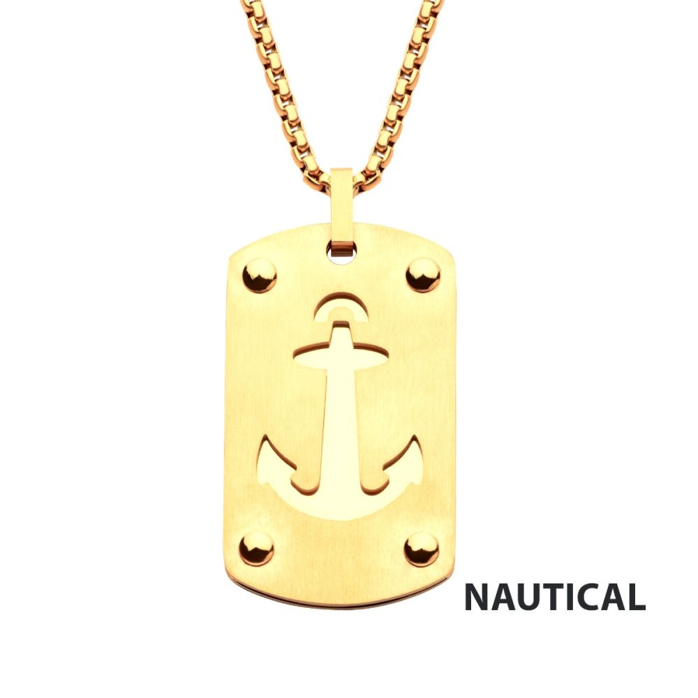 18Kt Gold IP Etched Anchor Dog Tag Pendant with Box Chain