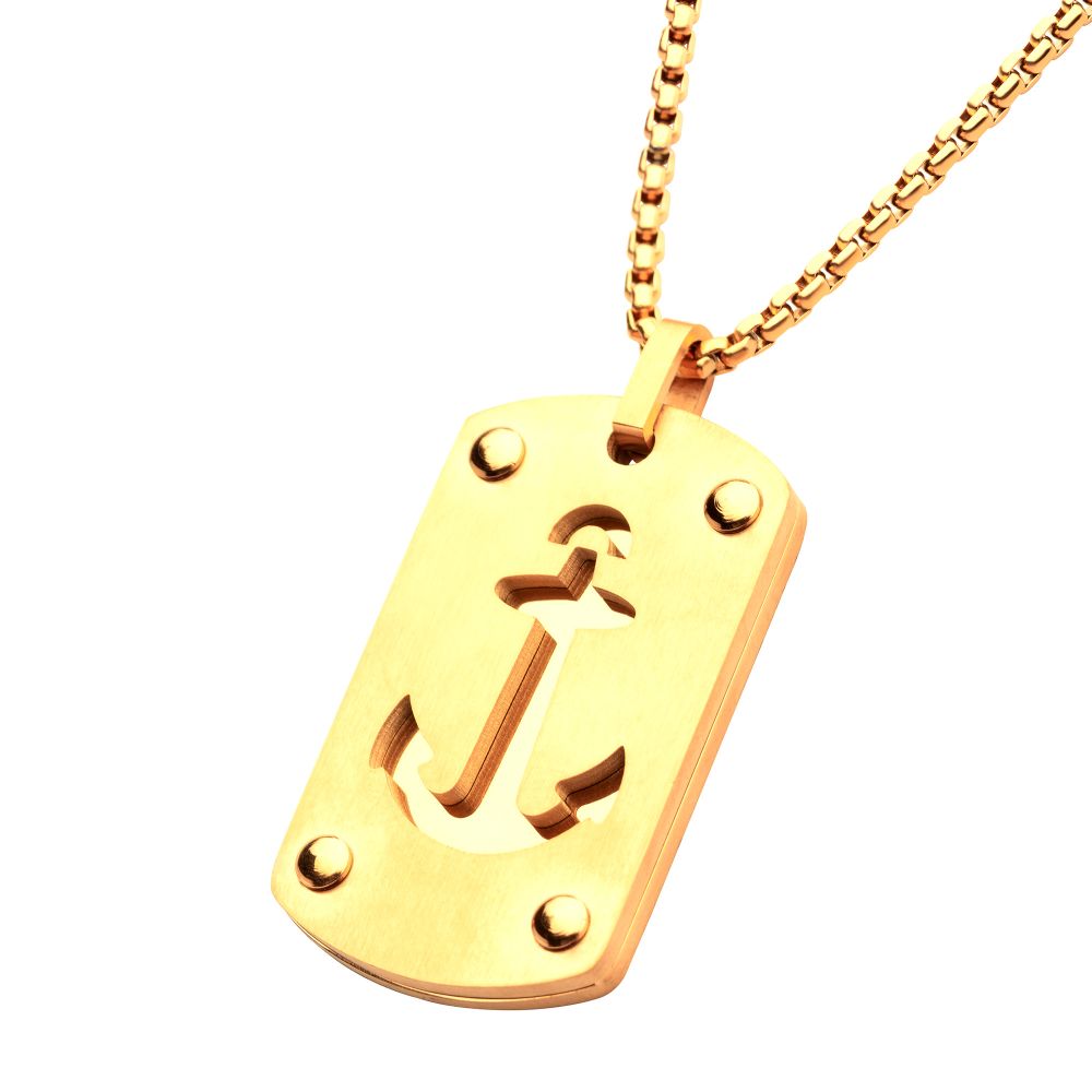 18Kt Gold IP Etched Anchor Dog Tag Pendant with Box Chain