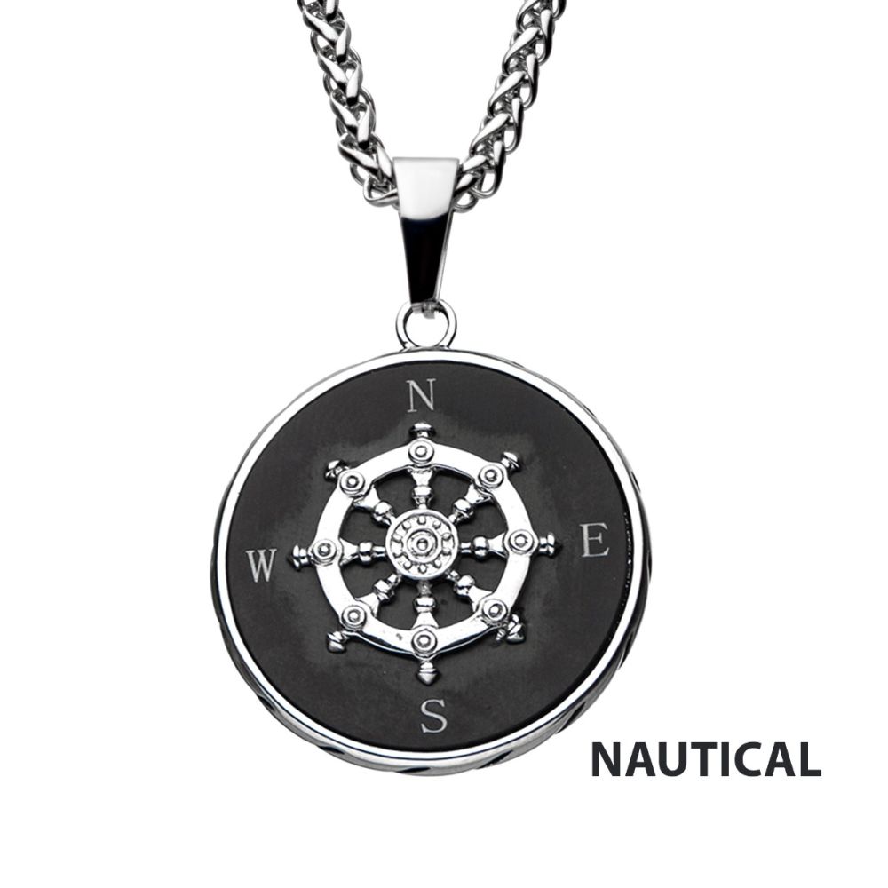 Stainless Steel Black IP Ship's Wheel Compass Pendant with Chain 24"