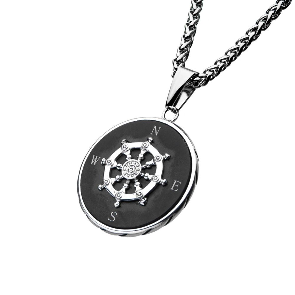 Stainless Steel Black IP Ship's Wheel Compass Pendant with Chain 24"
