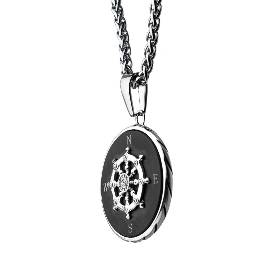 Stainless Steel Black IP Ship's Wheel Compass Pendant with Chain 24"