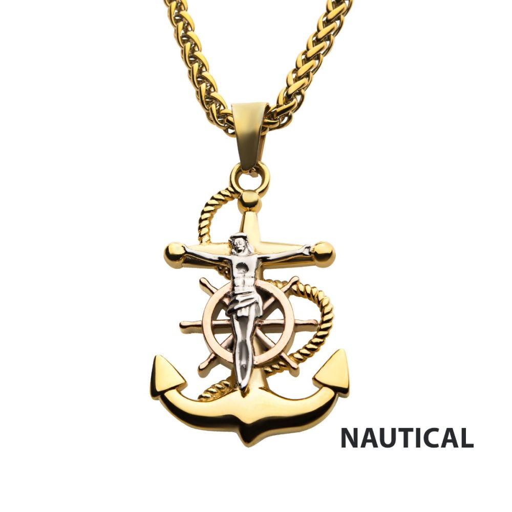 Gold IP Anchor with Silver IP Jesus Steel Pendant, with Gold IP Wheat Chain
