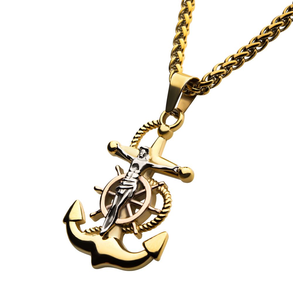 Gold IP Anchor with Silver IP Jesus Steel Pendant, with Gold IP Wheat Chain