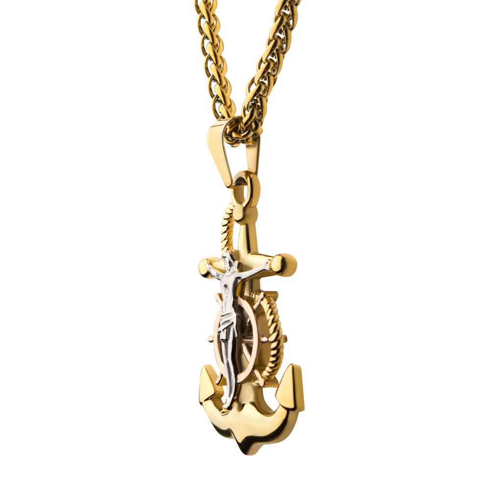 Gold IP Anchor with Silver IP Jesus Steel Pendant, with Gold IP Wheat Chain