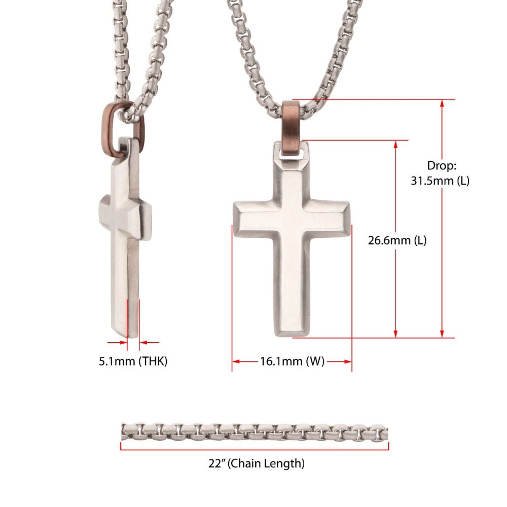 Matte Finish Steel Beveled Cross Pendant with Brown Bail