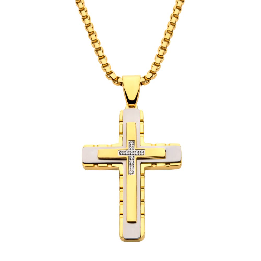 18Kt Gold IP Layered Cross Pendant with CNC Set Clear CZ