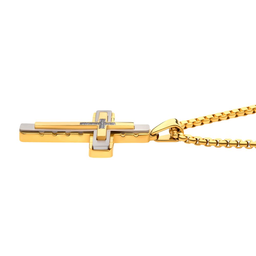 18Kt Gold IP & Thin Steel Line Layered Cross Pendant with Clear CZ