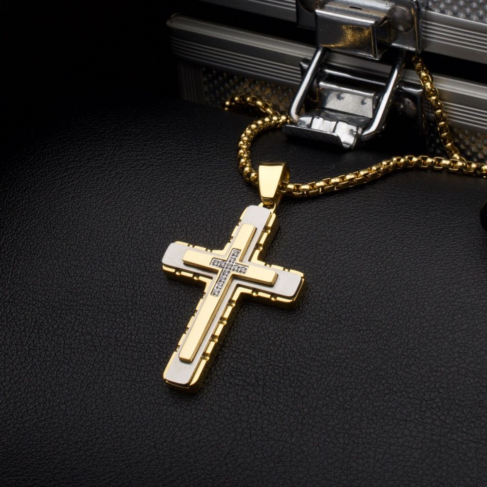18Kt Gold IP Layered Cross Pendant with CNC Set Clear CZ
