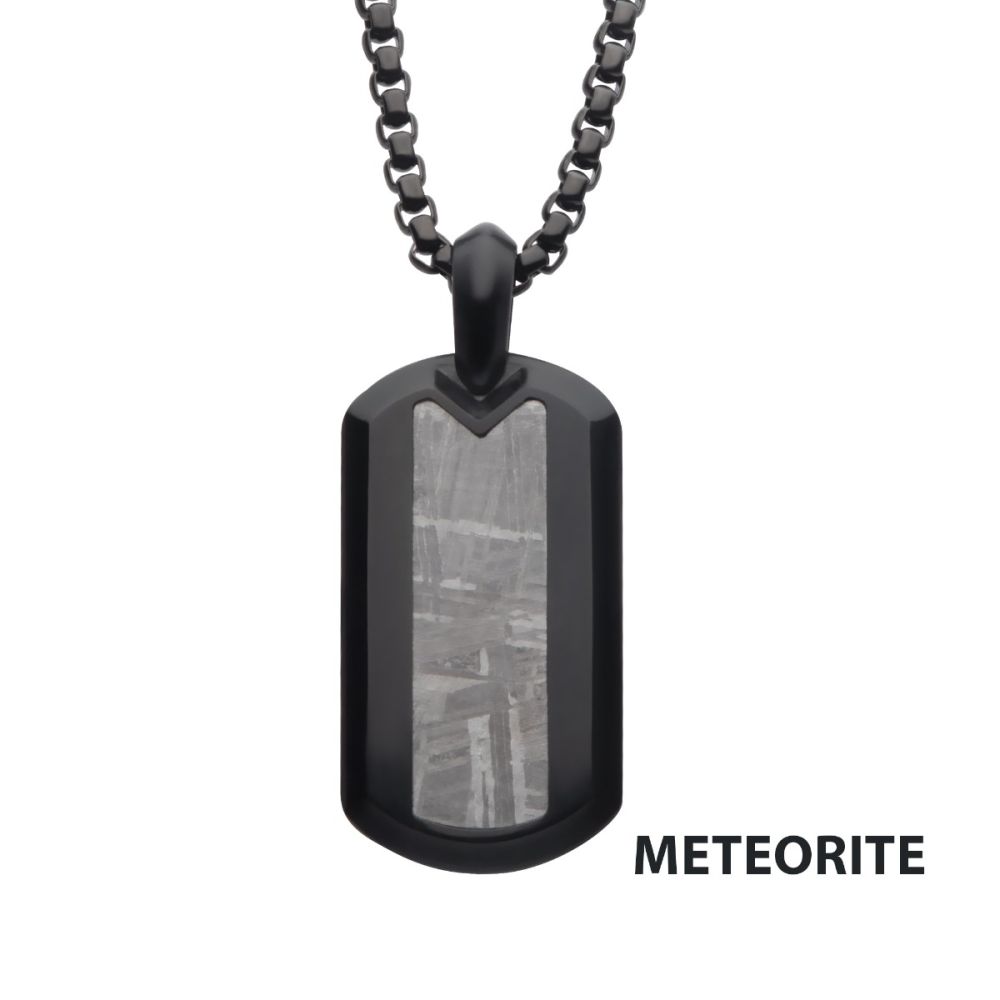 Meteorite Inlay Dog Tag Pendant with Black IP Box Chain