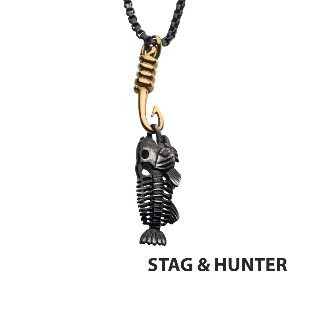 Black IP Fishbone Pendant on a Polished Gold IP Hook with Black IP Box Chain