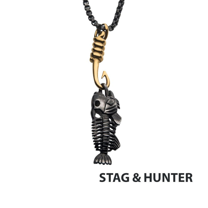 Black IP Fishbone Pendant on a Polished Gold IP Hook with Black IP Box Chain