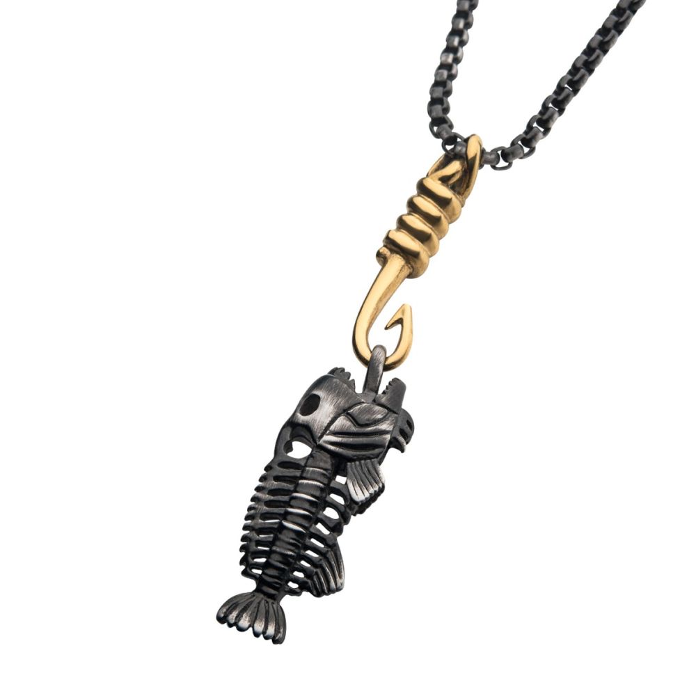 Black IP Fishbone Pendant on a Polished Gold IP Hook with Black IP Box Chain