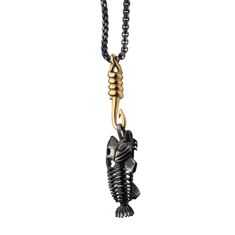 Black IP Fishbone Pendant on a Polished Gold IP Hook with Black IP Box Chain