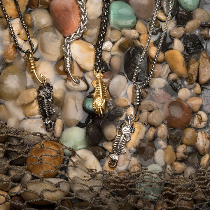 Black IP Fishbone Pendant on a Polished Gold IP Hook with Black IP Box Chain