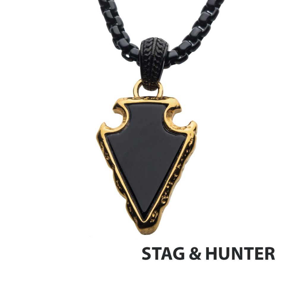 black Agate Stone with Polished Gold IP Frame Pendant on a Polished Black IP Bail with Polished Black IP Box Chain 24"