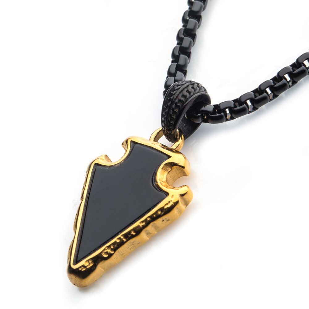 black Agate Stone with Polished Gold IP Frame Pendant on a Polished Black IP Bail with Polished Black IP Box Chain 24"