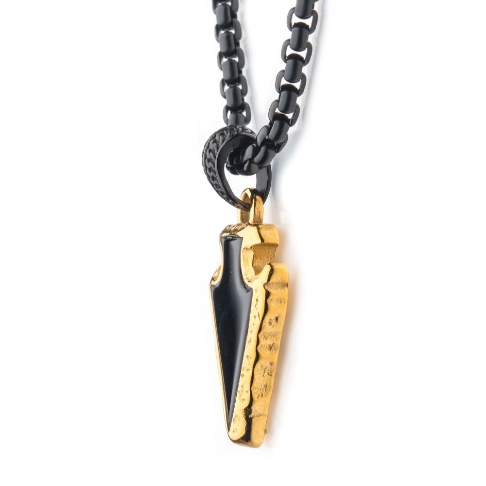black Agate Stone with Polished Gold IP Frame Pendant on a Polished Black IP Bail with Polished Black IP Box Chain 24"