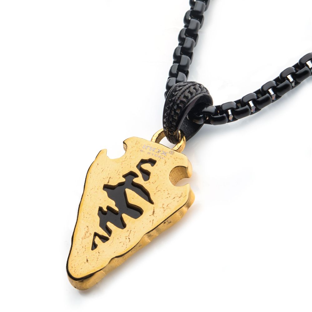 black Agate Stone with Polished Gold IP Frame Pendant on a Polished Black IP Bail with Polished Black IP Box Chain 24"