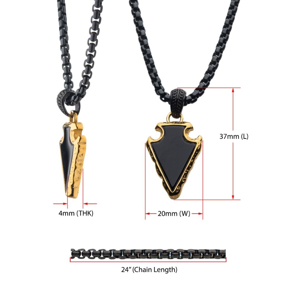 black Agate Stone with Polished Gold IP Frame Pendant on a Polished Black IP Bail with Polished Black IP Box Chain 24"