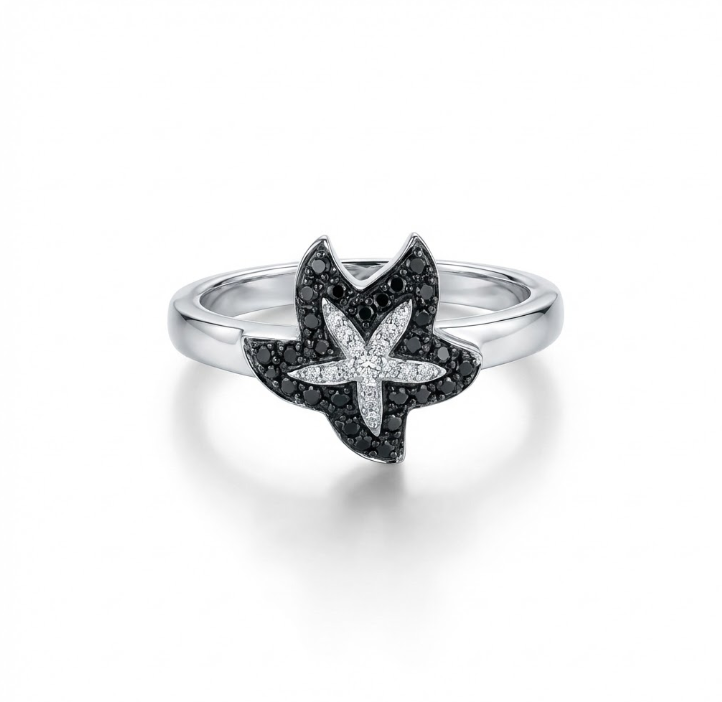 Black & White Diamond Star Ring | 14K White Gold | Floral Starburst Design - Brownee Jewelers