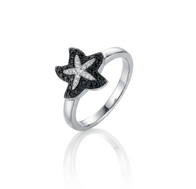 Black & White Diamond Star Ring | 14K White Gold | Floral Starburst Design - Brownee Jewelers
