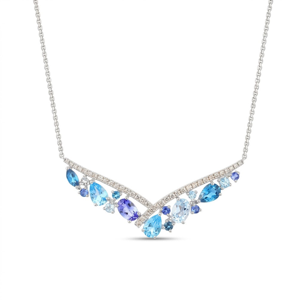 LeVian | Multi-Gemstone V Necklace | 14K White Gold | Diamond & Blue Topaz, Tanzanite, Sapphire | TTJN 8 - Brownee Jewelers