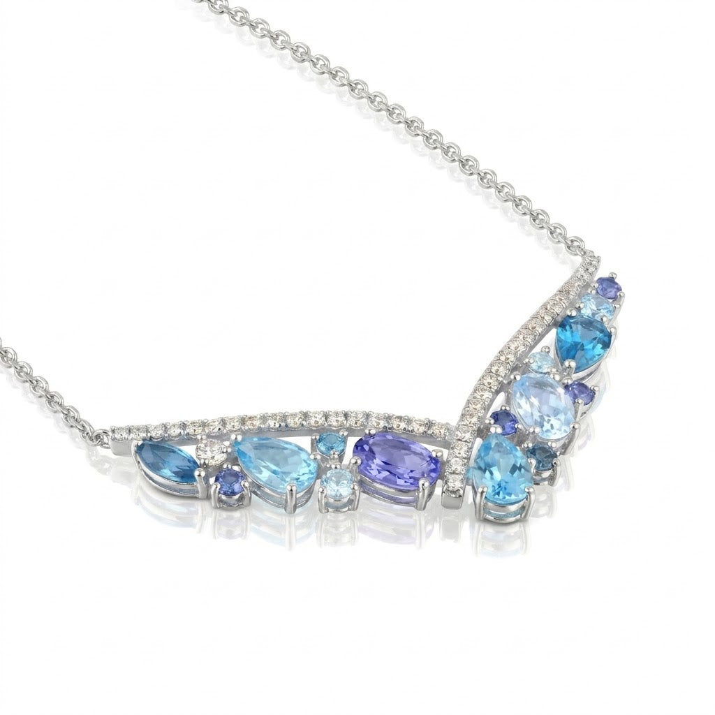 LeVian | Multi-Gemstone V Necklace | 14K White Gold | Diamond & Blue Topaz, Tanzanite, Sapphire | TTJN 8 - Brownee Jewelers