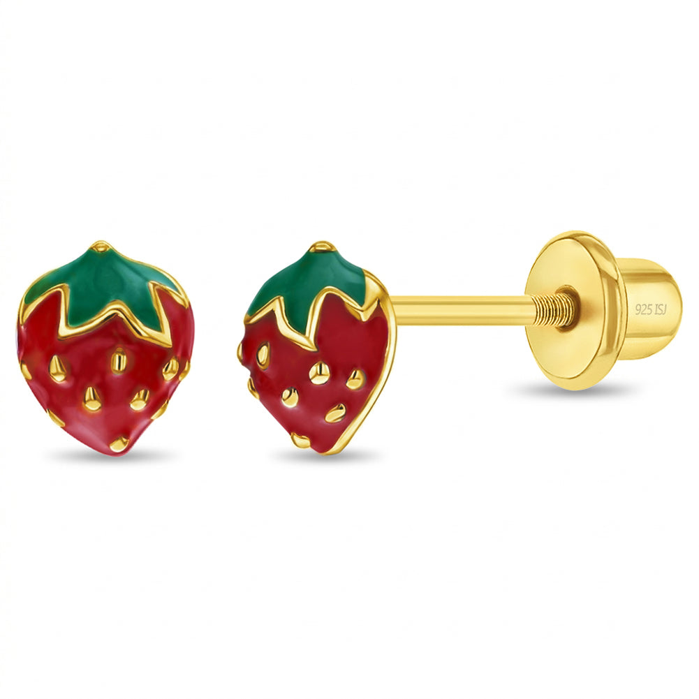 Sterling SIlver/14K Gold Strawberry Children's Stud Earrings with Screw Backs