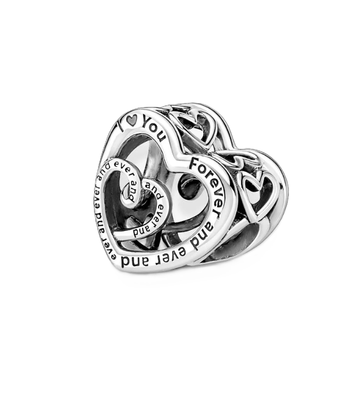 Pandora Entwined Infinite Hearts Charm in Sterling Silver with "Mom" Engraving in the front and "I love you forever and ever and ever" Engraving on the back