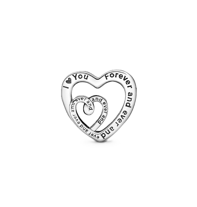 Pandora Entwined Infinite Hearts Charm in Sterling Silver with "Mom" Engraving in the front and "I love you forever and ever and ever" Engraving on the back