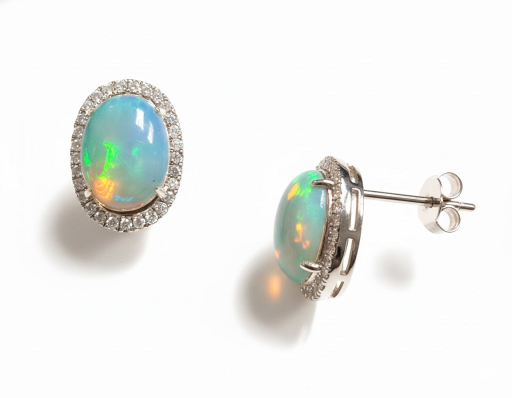14K White Gold Opal & Diamond Halo Stud Earrings (1.52ct Opal / .42ct Diamond)