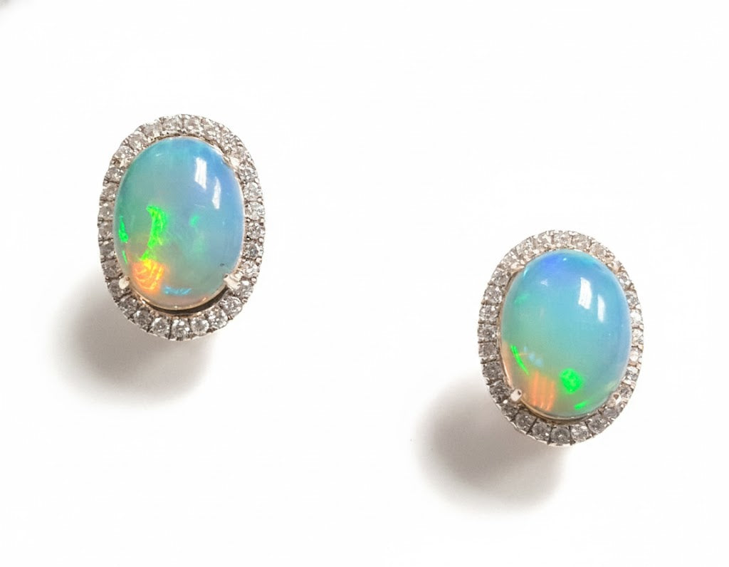 14K White Gold 3.61ct Opal & .52ct Diamond Stud Earrings