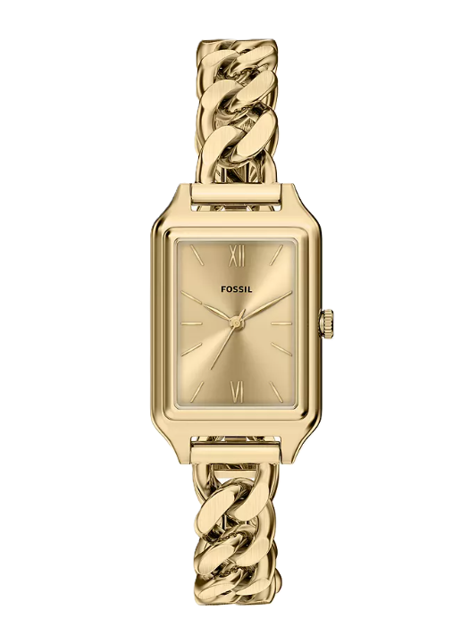 Raquel Three-Hand Watch | Fossil | Gold-Tone Stainless Steel | Gold Dial | Chain-Link Bracelet - Brownee Jewelers