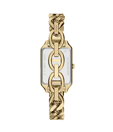 Raquel Three-Hand Watch | Fossil | Gold-Tone Stainless Steel | Gold Dial | Chain-Link Bracelet - Brownee Jewelers