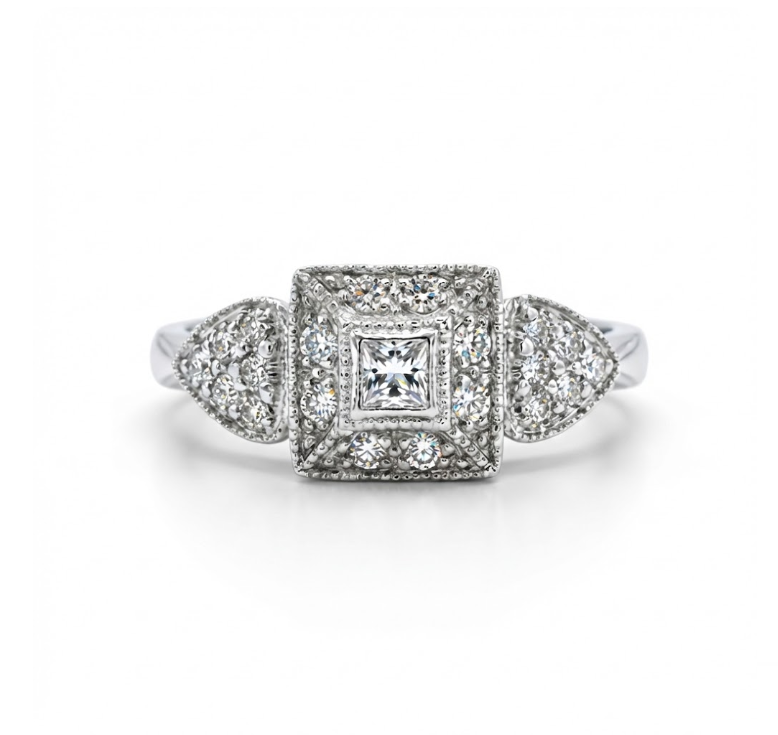 Princess & Round Diamond Halo Ring | 18K White Gold | 0.20 ctw | Square Halo Design - Brownee Jewelers