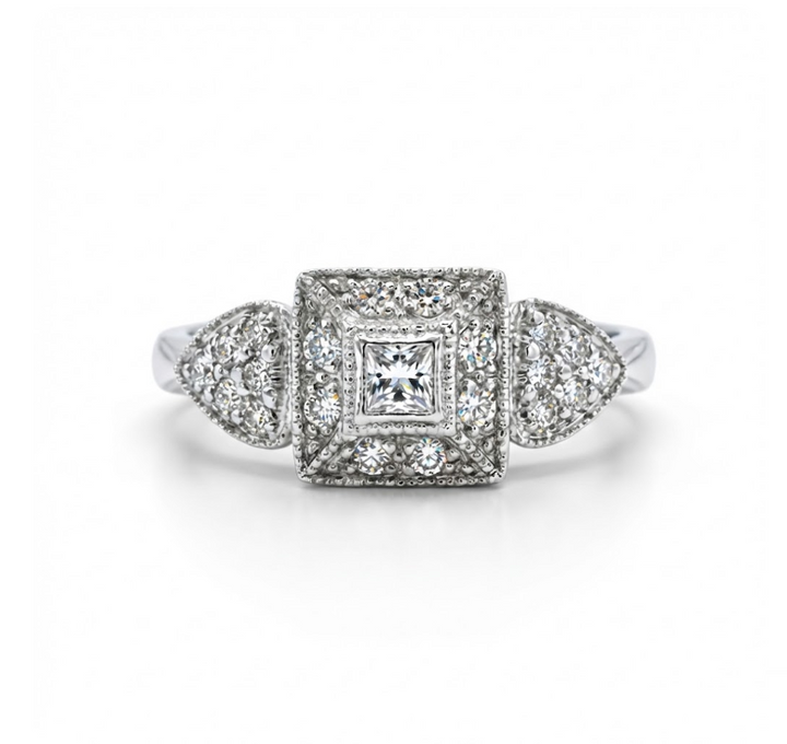 Princess & Round Diamond Halo Ring | 18K White Gold | 0.20 ctw | Square Halo Design - Brownee Jewelers