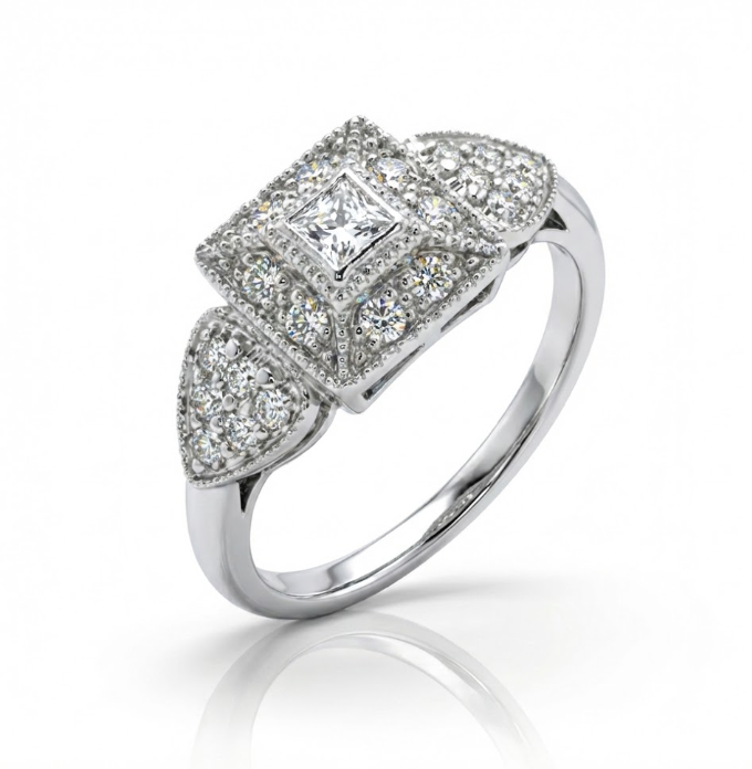 Princess & Round Diamond Halo Ring | 18K White Gold | 0.20 ctw | Square Halo Design - Brownee Jewelers
