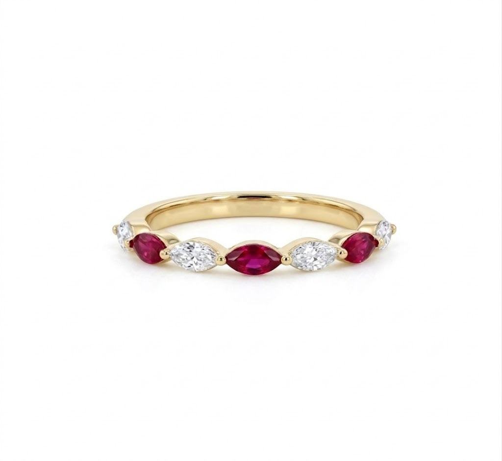Marquise Ruby & Lab-Grown Diamond Band | 0.20 ct Rubies | 0.10 ctw Diamonds | 10K Yellow Gold - Brownee Jewelers