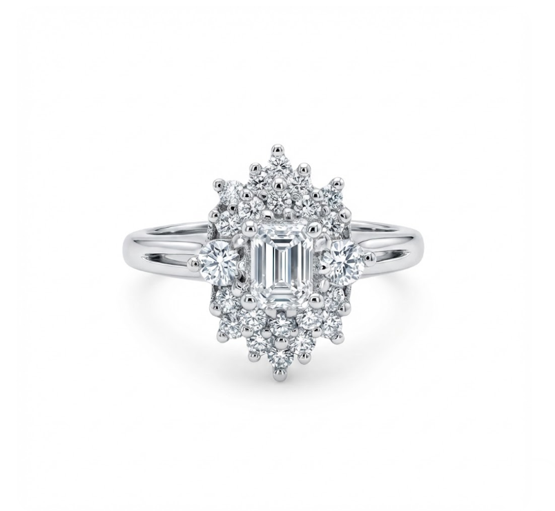 Emerald Cut Diamond Halo Ring | 14K White Gold | Split Shank Cluster Design - Brownee Jewelers