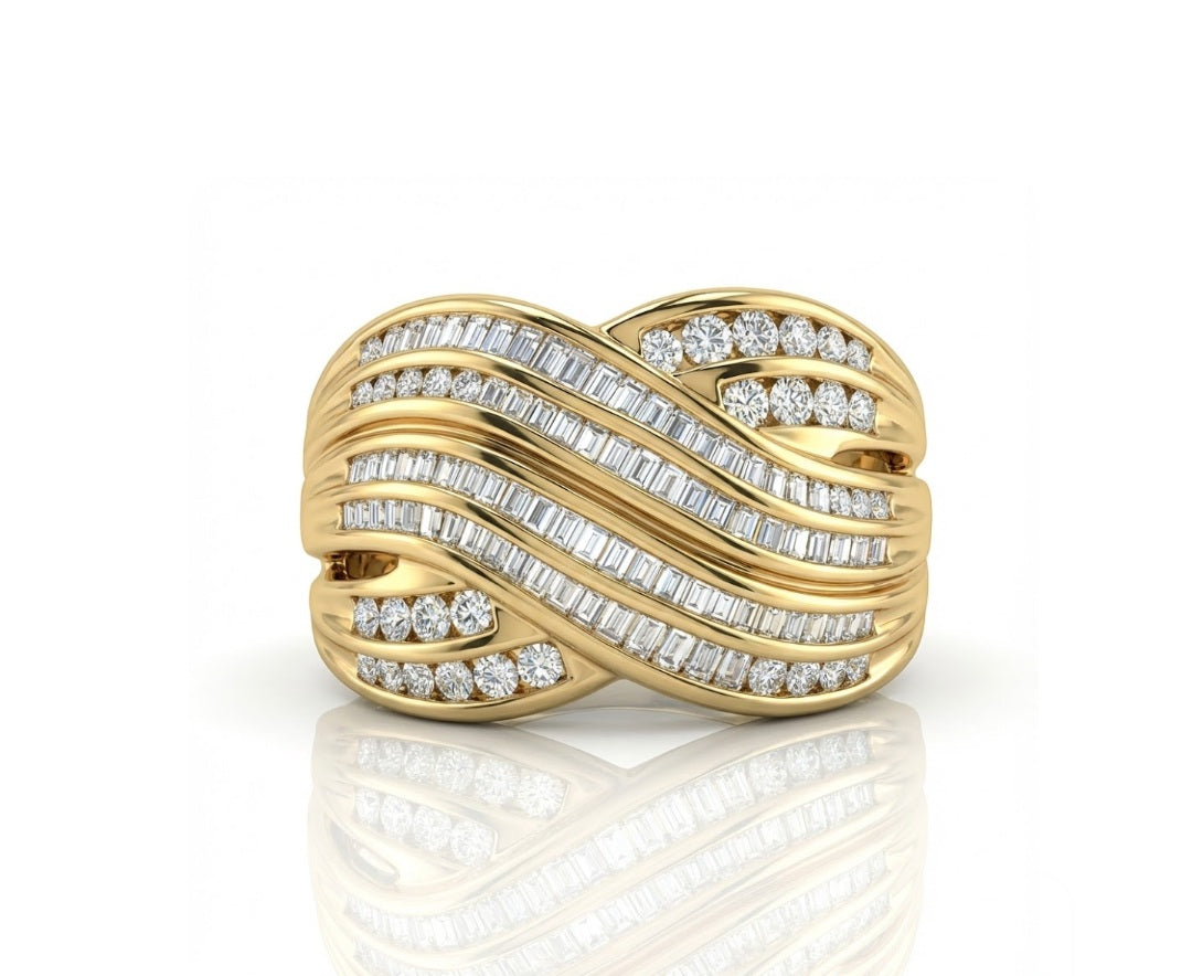 Baguette Diamond Wide Channel Band | 14K Yellow Gold | Multi-Row Statement Ring - Brownee Jewelers