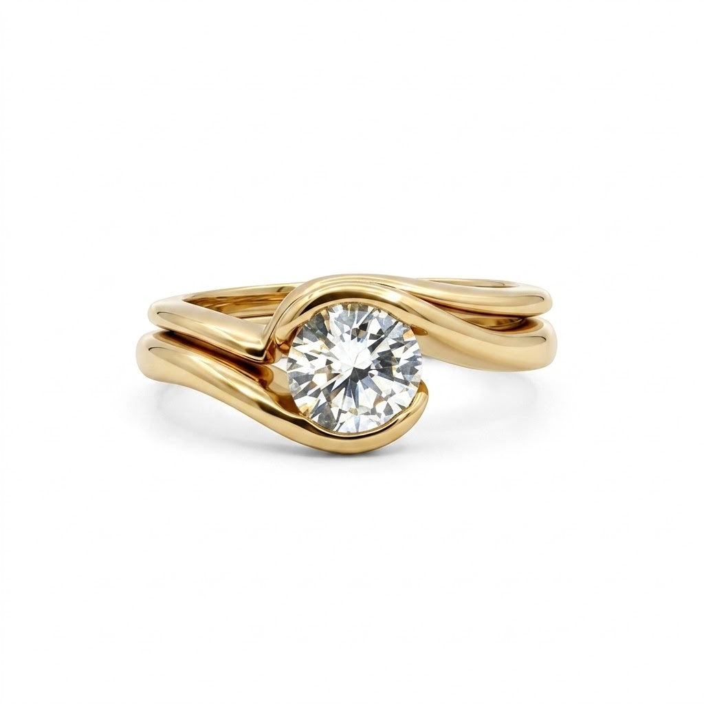 Round Brilliant Diamond Solitaire Bridal Set | 14K Yellow Gold | 1.01 CT Diamond | Contemporary Wrap Design - Brownee Jewelers