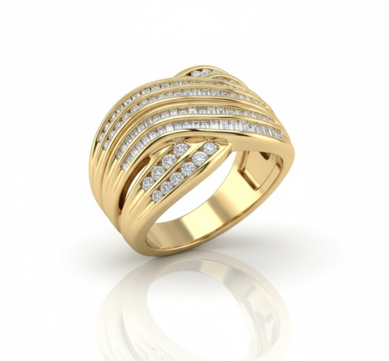 Baguette Diamond Wide Channel Band | 14K Yellow Gold | Multi-Row Statement Ring - Brownee Jewelers
