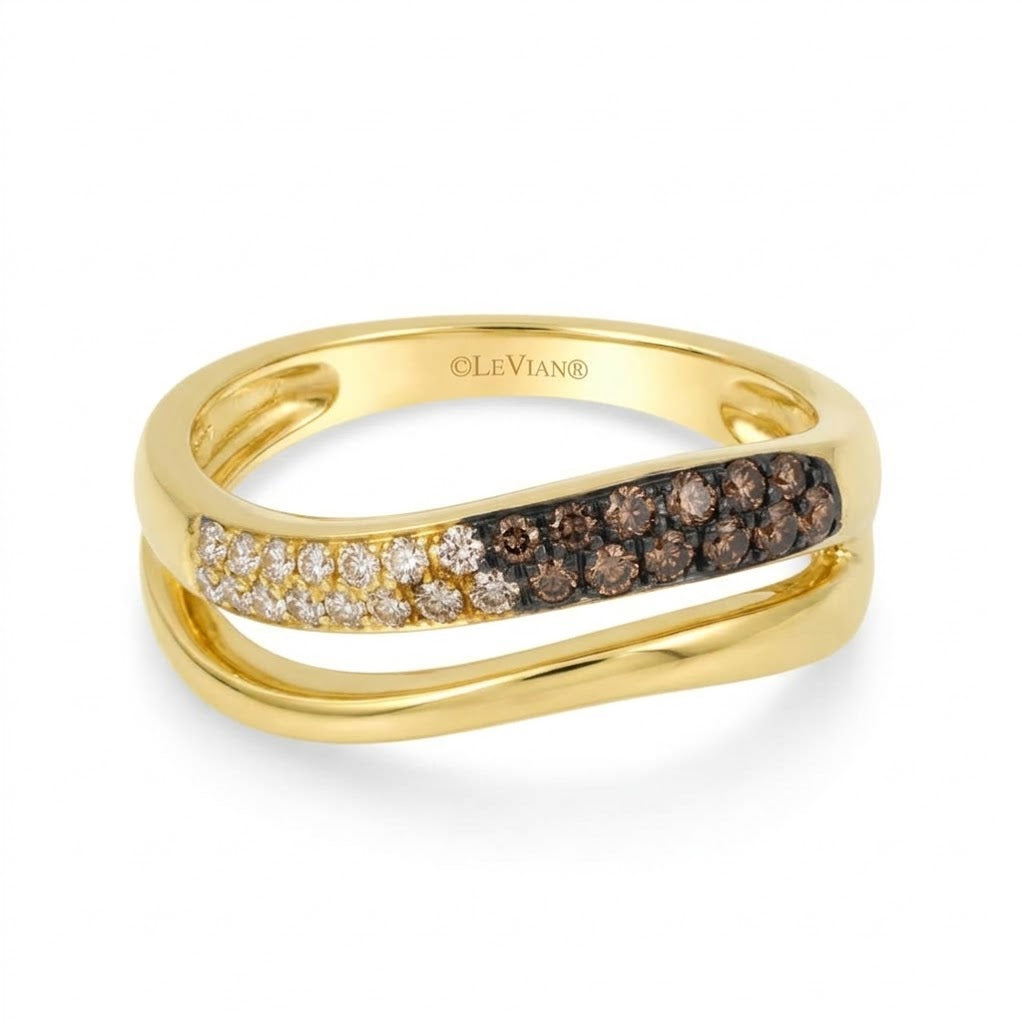  .31 TOTAL CARAT WEIGHT ROUND WHITE AND CHOCOLATE DIAMOND OMBRE 2 ROW RING IN 14K YELLOW GOLD